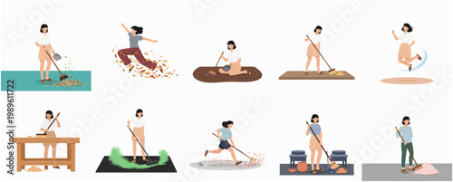 Flat Design Illustration Collection of People Sweeping Raking Leaves and Playing Outdoors Autumn Cleaning Lifestyle Activity Set