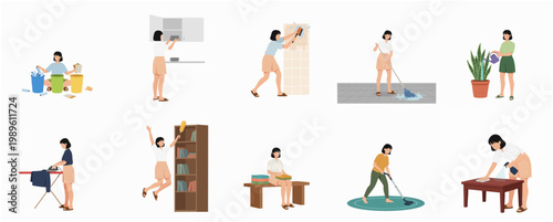 Flat Illustration of Woman Doing Different Housework and Cleaning Tasks Set