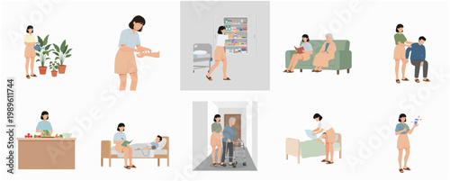 Flat Illustration of Caregiver Assistance and Support Activities for Senior Patients