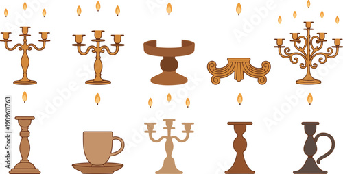 Set of elegant candle holder vector illustrations featuring vintage candelabras and classic wax candles for interior decor holiday celebrations and cozy home atmosphere concepts.