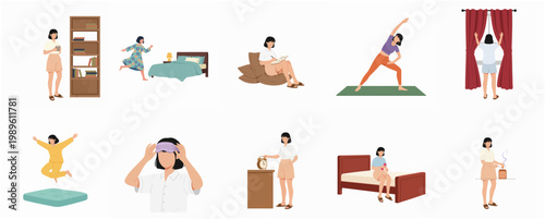 Minimalist Simple Woman Daily Activity Lifestyle in Different Poses Illustration Set