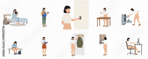 Minimalist Flat Woman Daily Activity and Routine Lifestyle Illustration Set