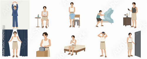 Diverse Flat Illustration of Man's Daily Morning Routine Activities
