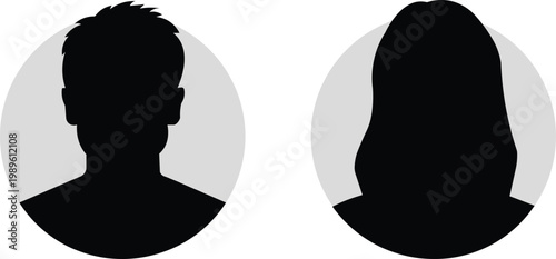 User profile avatar silhouette icons. These types of icons are commonly used as default user placeholders in social media apps, web profiles, or contact lists to represent generic gendered identities.