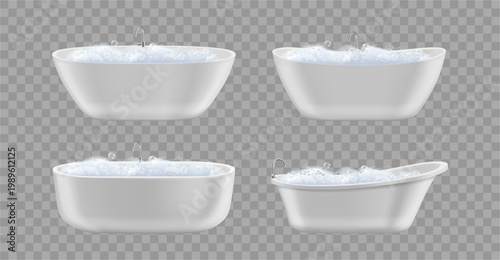 Bath set, isolated realistic tube in different size and shape with foamy water. Vector bathvessels with bubbles. Ceramic or stone classic and round bathtubs collection. Bathroom elements