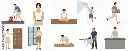 Flat Style Diverse Man Doing Housework Chore Activity Illustration Set