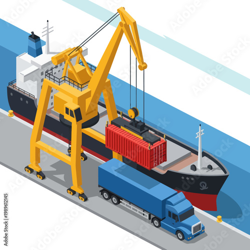 Isometric Cargo Ship Unloading with Crane and Truck Illustration.