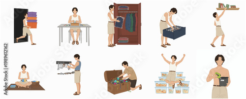 Modern Flat Illustration Set of a Person Engaged in Home Organization Decluttering and Self Care Activities