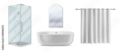 Bathroom furniture and sanitary ware collection in realistic style. Vector isolated set with bathtub and wall mirror, shower cubicle and curtain. Interior mockups elements and renovation projects