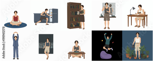 Flat Illustration of a Man Performing Daily Activities in Different Scenarios