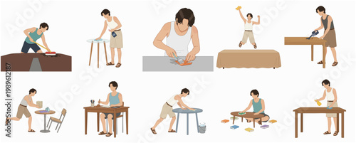 Minimalist Man Doing Carpentry and Household Activities Simple Character Illustration