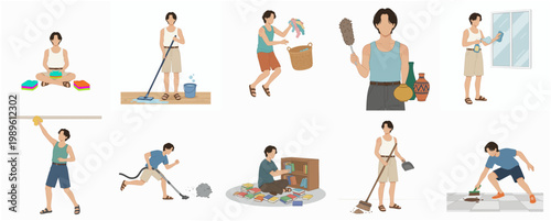 Flat Illustration of a Man Doing Various Household Cleaning Chores Set