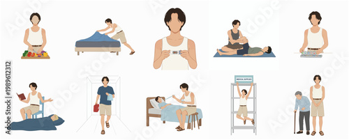Flat Illustration Man Doing Various Daily Routine Activity Clipart Set