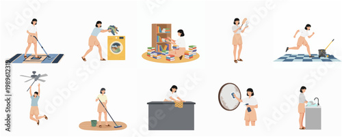 Illustrated Various Cleaning Activities Woman Housewife Chores at Home Illustration