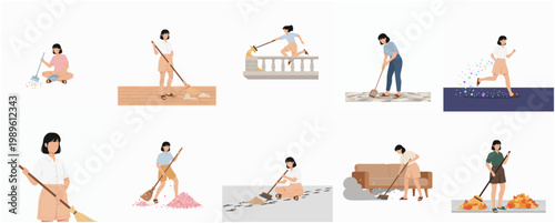Modern Flat Illustration Set of Woman Sweeping and Cleaning Activities with Broom for Home Maintenance
