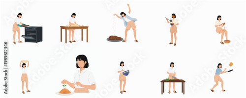 Flat Style Cooking and Baking Activities Illustration Set with Various Action Poses