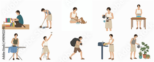 Flat Minimalist Illustration Set Depicting Man Engaged in Various Daily Household Chores and Routine Activities