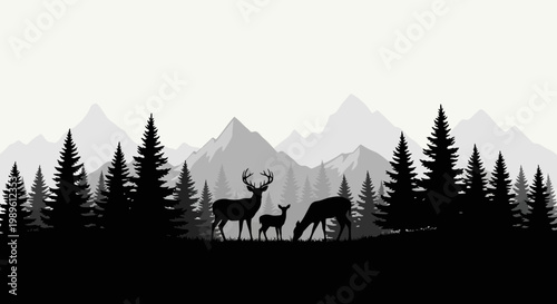 Deer family silhouette in a forest landscape with mountains.