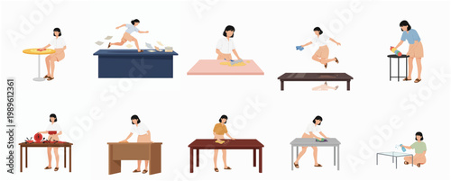 Flat Illustration Woman Cleaning Table Desk Surface and Other Furniture Collection