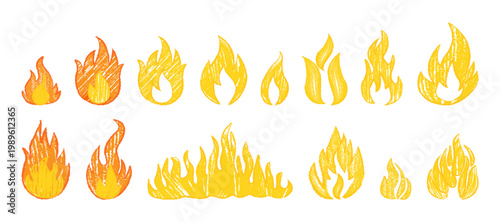 Burning flame with curling tongue of fire. Intense heat crayon drawn elements set. Flowing blaze with flicker detail. Hot burning form composition. Vector natural ignition movement collection