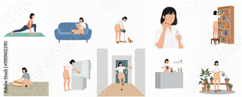 Flat Style Daily Life Activities Woman in the Home Illustration