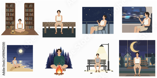 Minimalist Pixel Art Person Meditating in Various Indoor and Outdoor Locations