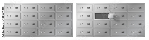 Bank safe boxes. Vector solid metal lockboxes construction with secure locking system. Storage spaces with opened and closed units. Protection and security. Banking service and asset safety