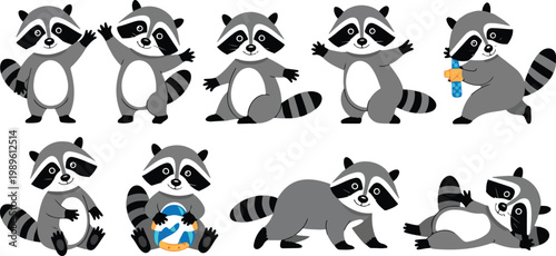 Cute Cartoon Raccoon Character Set Featuring Different Poses and Actions for Kids Stickers Children Illustration and Wildlife Mascot Design Isolated on White Background Vector