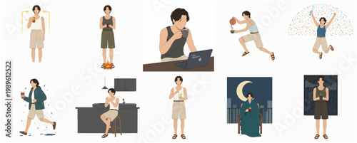 Flat Illustration Set of a Young Man in Various Daily Activities