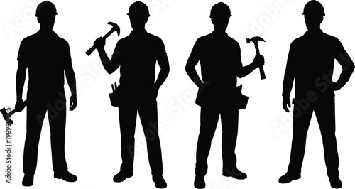 Construction worker silhouettes with tools set, builder handyman vector illustration, industrial labor characters collection for work