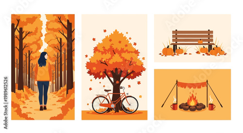 Flat design vector illustration of autumn forest path with warm sunlight illuminating vibrant trees and cozy outdoor gathering spots for lifestyle marketing