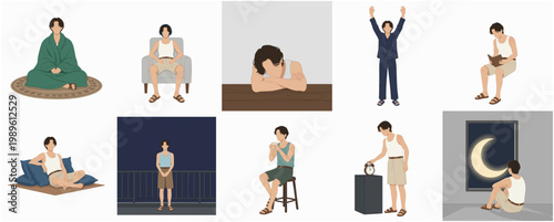 Flat Illustration of Man Doing Various Activities at Home and Night