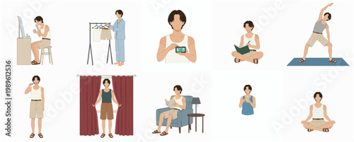 Simple Flat Illustration of Daily Activities of A Man At Home