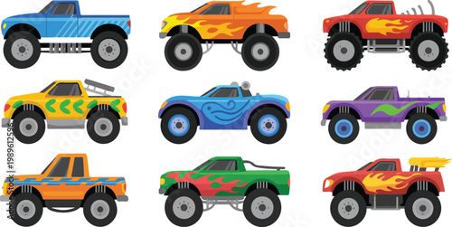 Set of Colorful Monster Truck Vector Illustrations Featuring Flame Decals and Big Tires for Offroad Racing Games Toy Design and Childrens Stickers Isolated on White Background