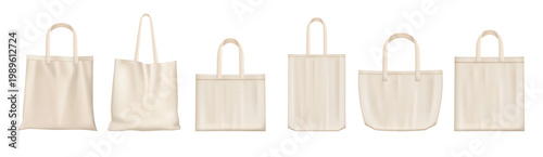 Tote bags mockups in various shapes and handle lengths. Vector realistic set of cloth canvas eco shoppers. Blank fabric cotton or linen reusable grocery handbags, custom designs ecobags