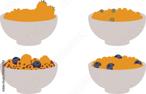 Set of Healthy Breakfast Cereal Bowls with Fresh Berries Strawberries and Blueberries in Flat Vector Illustration Style for Morning Meal Nutrition and Healthy Lifestyle Design Isolated on White