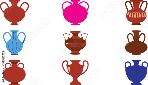 Collection of Ancient Greek and Roman Style Amphora Vases Featuring Various Traditional Shapes Patterns and Colors in Flat Vector Illustration Style Isolated on White Background for Historical Design