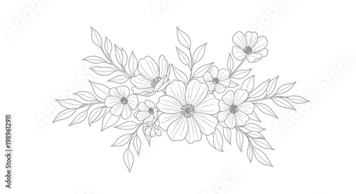 Delicate floral arrangement line drawing illustration.