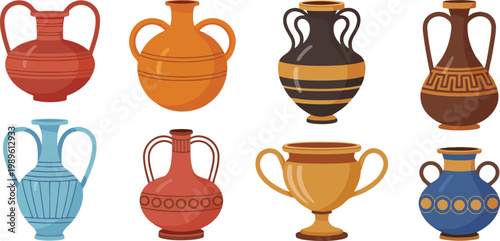 Collection of Ancient Greek and Roman Style Amphora Vases Featuring Various Traditional Shapes Patterns and Colors in Flat Vector Illustration Style Isolated on White Background for Historical Design