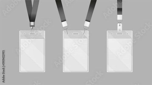 Badge mockup with plastic surface and metal clips. Vector isolated collection of vertical identification card design templates. Office pass or permits, identifier for event or conference use
