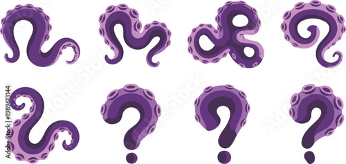 Purple octopus tentacles vector illustration set with suckers and curved arms for sea monster or marine life design