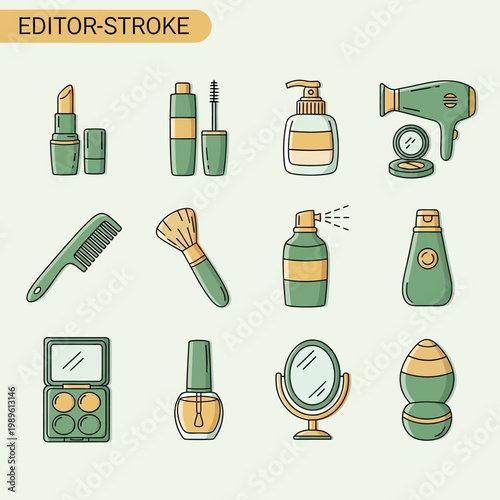 Collection of Makeup and Hair Styling Tools Icons.