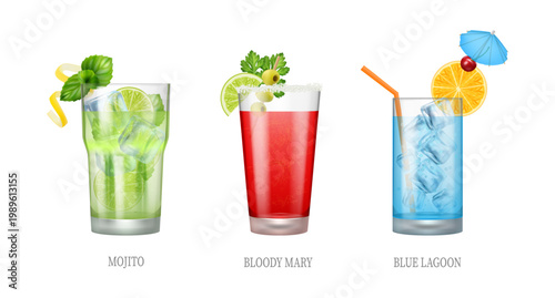 Cocktail drinks set. Vector Mojito, Bloody Mary and Blue Lagoon. Alcohol beverages in bar glasses with ice and lime, mint and orange slice, straw and cocktail umbrella. Festive serving for celebration