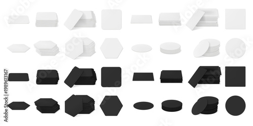 Coaster set in various geometric shapes. Vector drink mats in square, hexagon and circle forms, side and top views. Stacked arrangement and single placement surface protectors collection