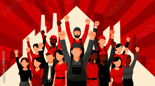Vector illustration of a diverse group of workers raising their fists in solidarity and protest with industrial factories in the background, symbolizing labor rights and revolution