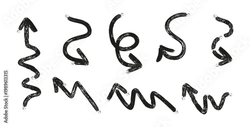 Curved arrow mockup set. Vector pointers collection in different shapes. Isolated curly and wavy, zigzag indicator signs in bold ink style. Brush textures and rough lines. Typography projects