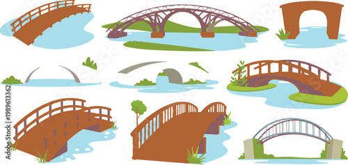 Wooden and stone garden bridge vector illustration set featuring various arched footbridges over water for landscape and park design