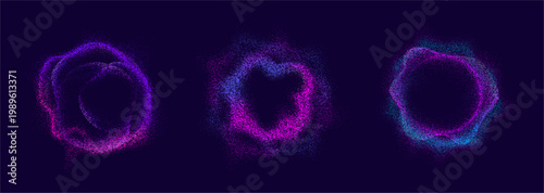 Circular gradient particle formations set. Vector isolated waves with luminous dotted surface. Collection of flowing curved structure with center motion effect. Abstract digital energy design