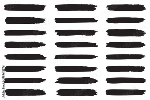 Black set paint, ink brush, brush strokes, brushes. Abstract grunge texture on white background. Big collection of hand drawn calligraphy brush strokes black paint texture set vector illustration.