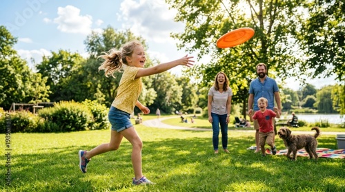A young girl runs joyfully across a grassy park, her arms outstretched to catch an orange frisbee. Her family, including a dog, stands nearby, enjoying a sunny day outdoors.